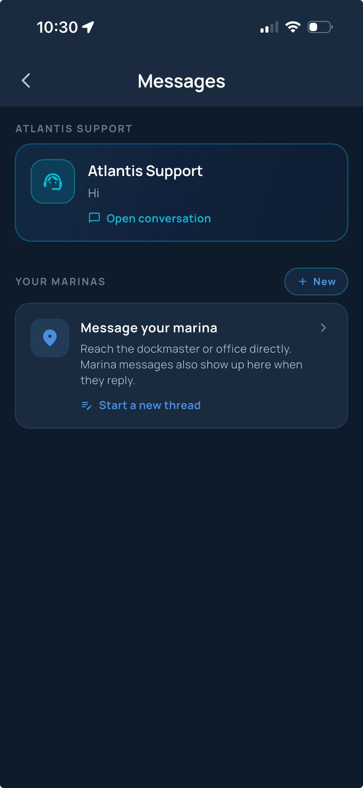 Atlantis Boater App messages screen