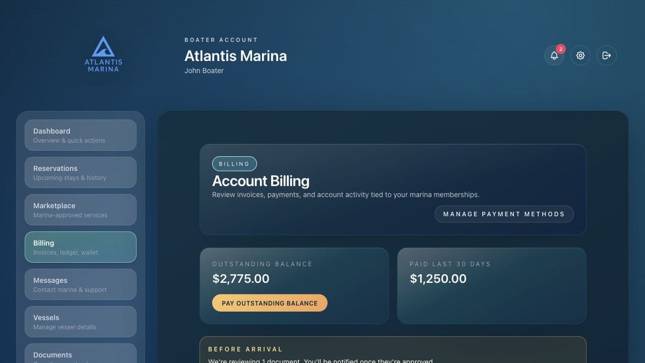 Atlantis Marina billing page with outstanding balance, invoice filters, invoice list, and billing messages.