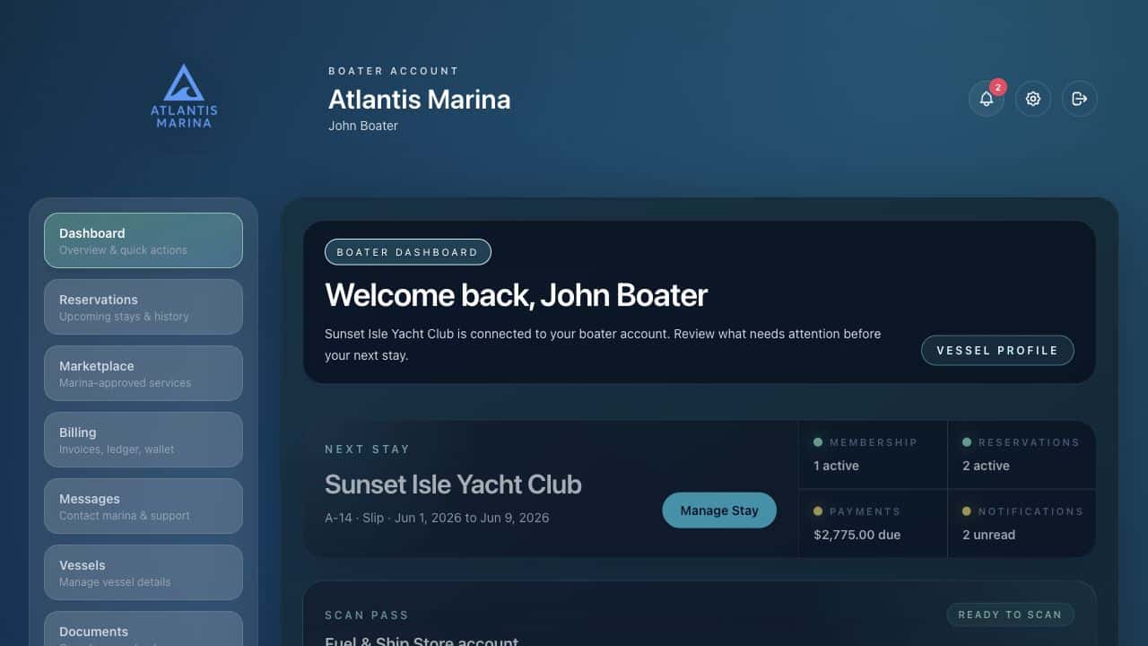 Atlantis Boater dashboard with reservations, invoices, scan pass, and activity widgets.