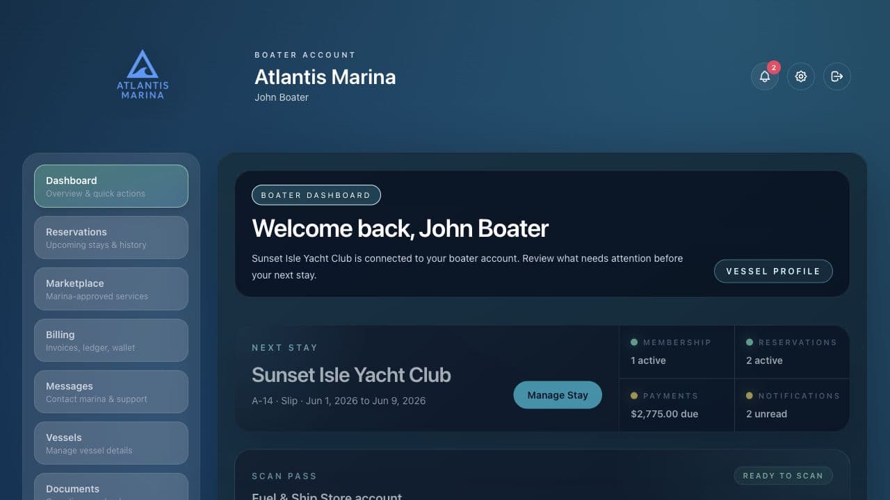 Atlantis Boater dashboard with reservations, invoices, scan pass, and activity widgets.