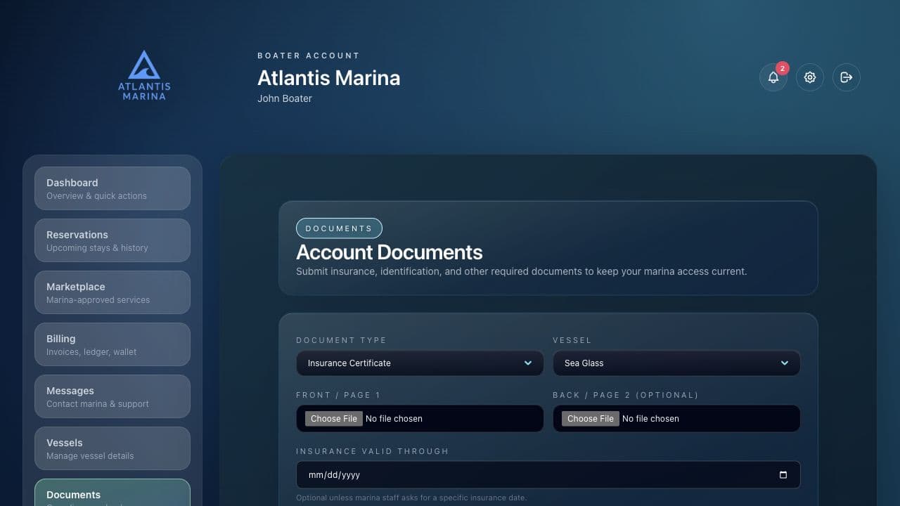 Atlantis Marina documents page with upload controls, document type selection, and submitted document history.
