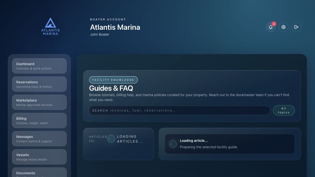 Atlantis Marina facility knowledge page showing searchable boater articles, categories, and a selected guide preview.