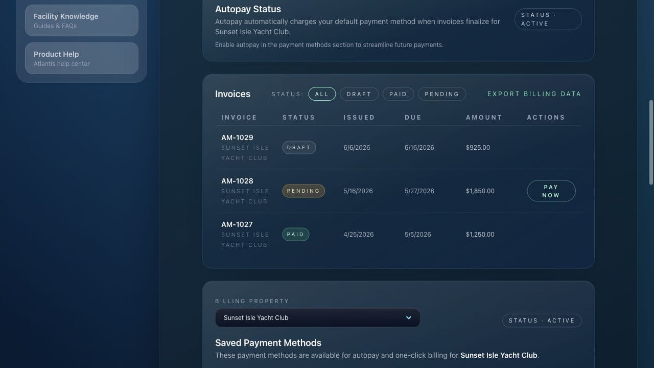 Atlantis Marina Account Billing page showing invoice status filters, invoice rows, Pay Now actions, and billing totals.