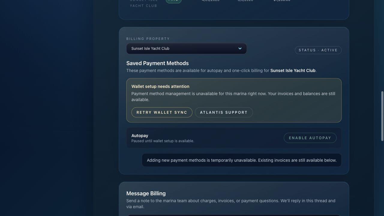 Atlantis Marina account billing page with saved payment methods, autopay status, and recent billing activity.