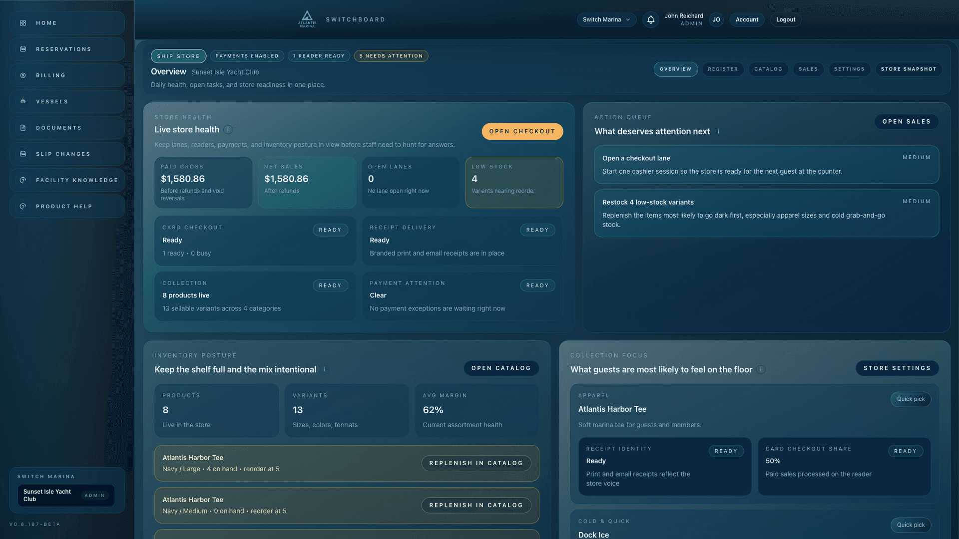 Atlantis Ship Store overview showing sales health, inventory status, readers, receipts, and action cards.
