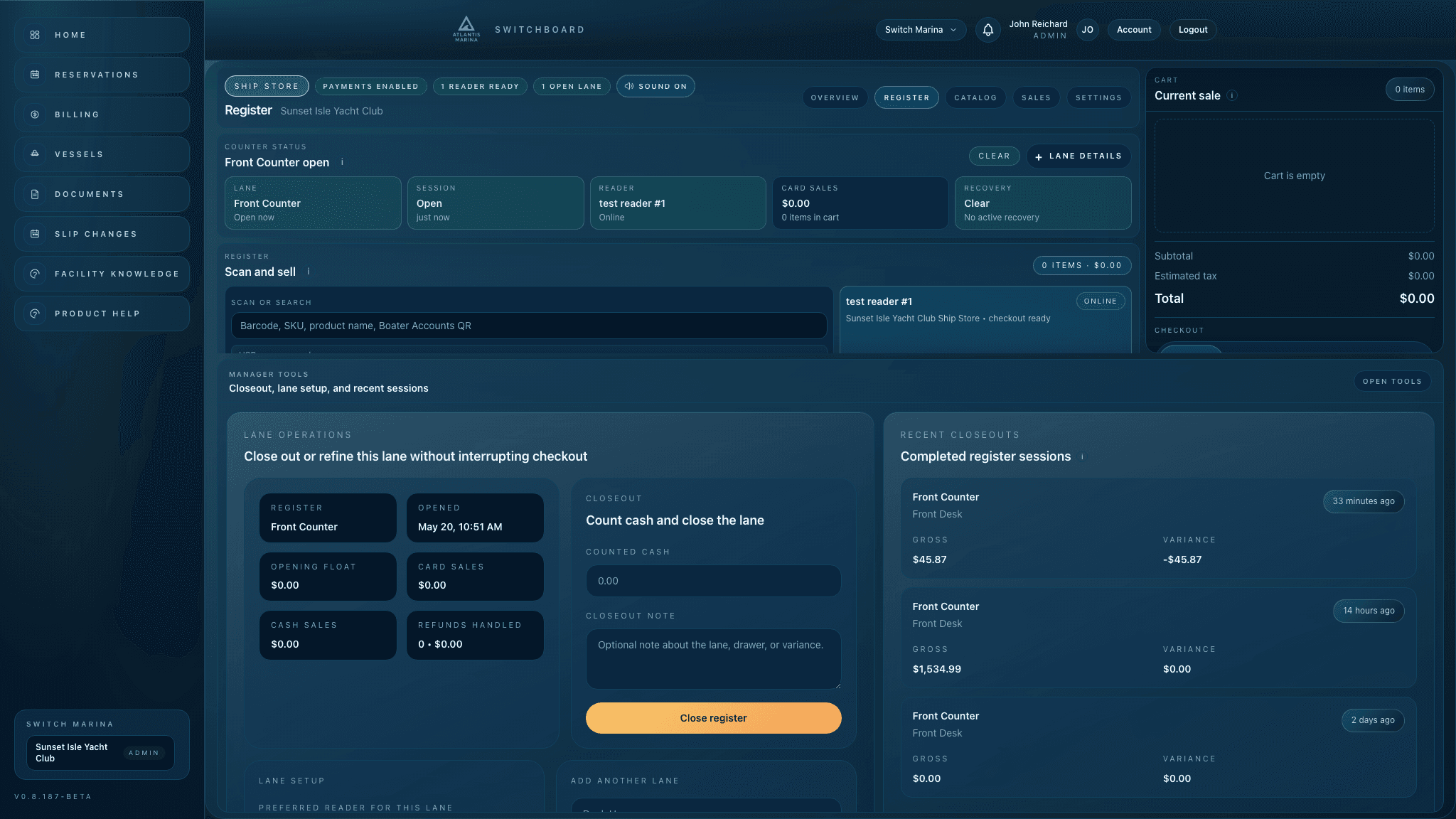 Atlantis Ship Store register manager tools showing closeout controls and recent sessions.