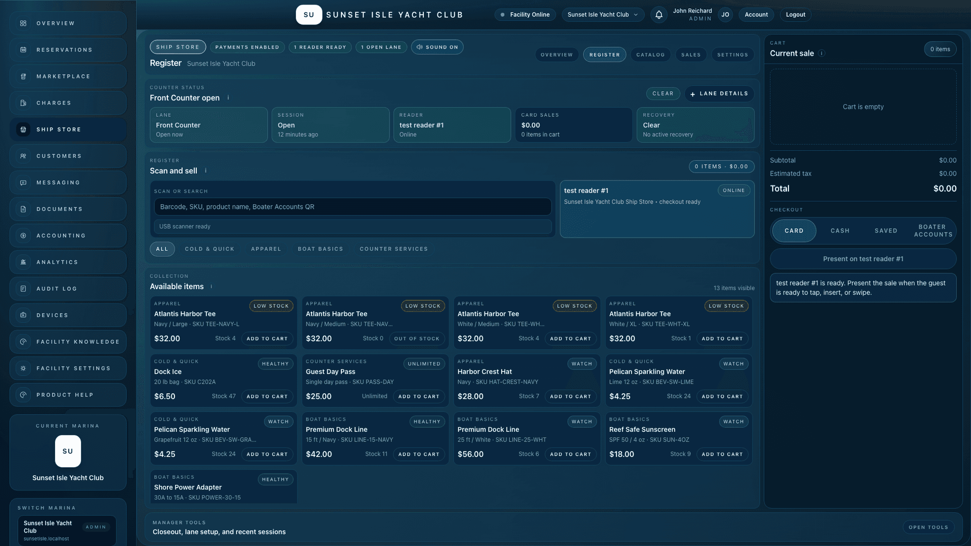 Atlantis Ship Store register showing open lane, reader status, product grid, cart, and tender tabs.