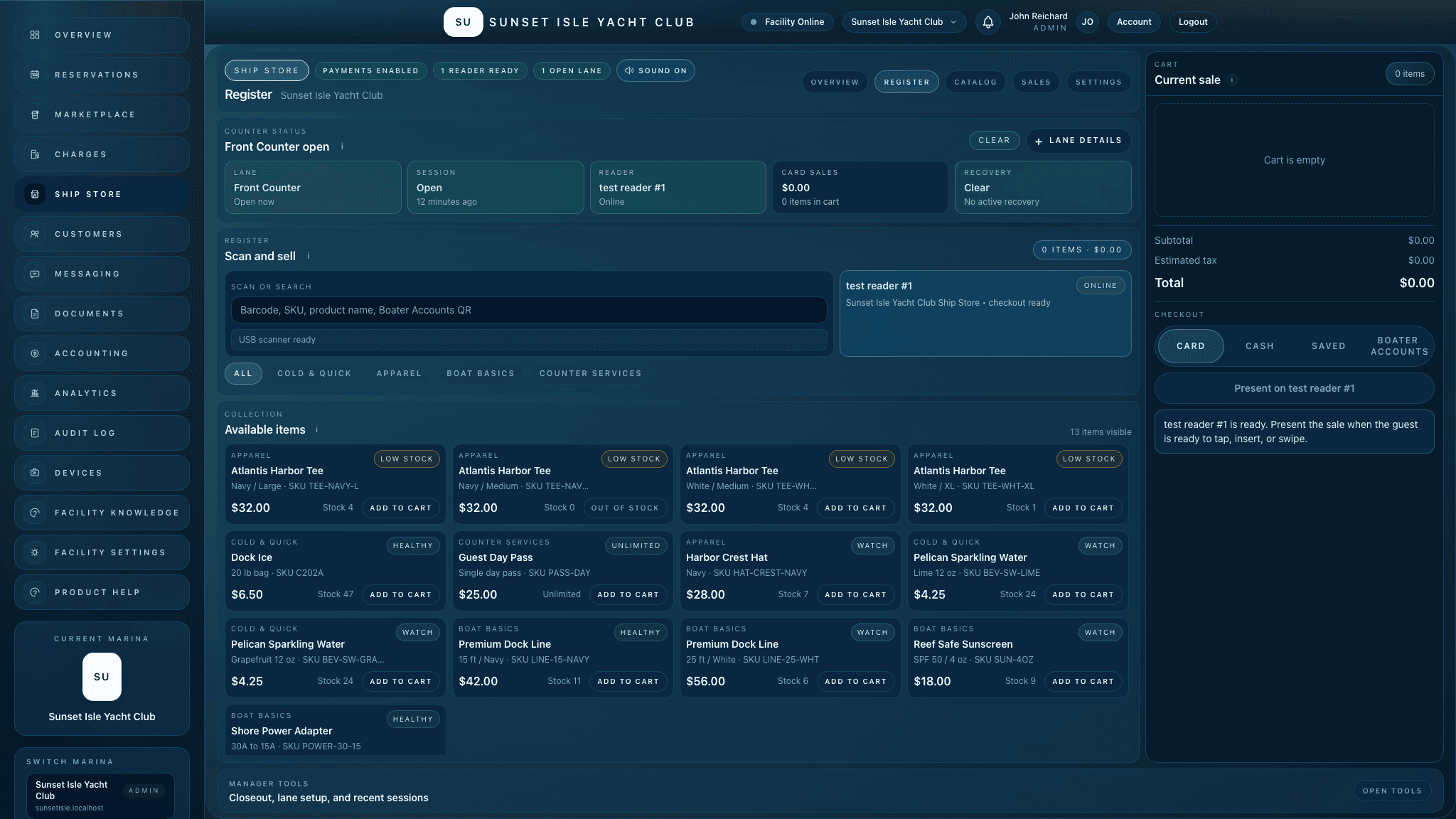 Atlantis Ship Store register showing open lane, reader status, product grid, cart, and tender tabs.