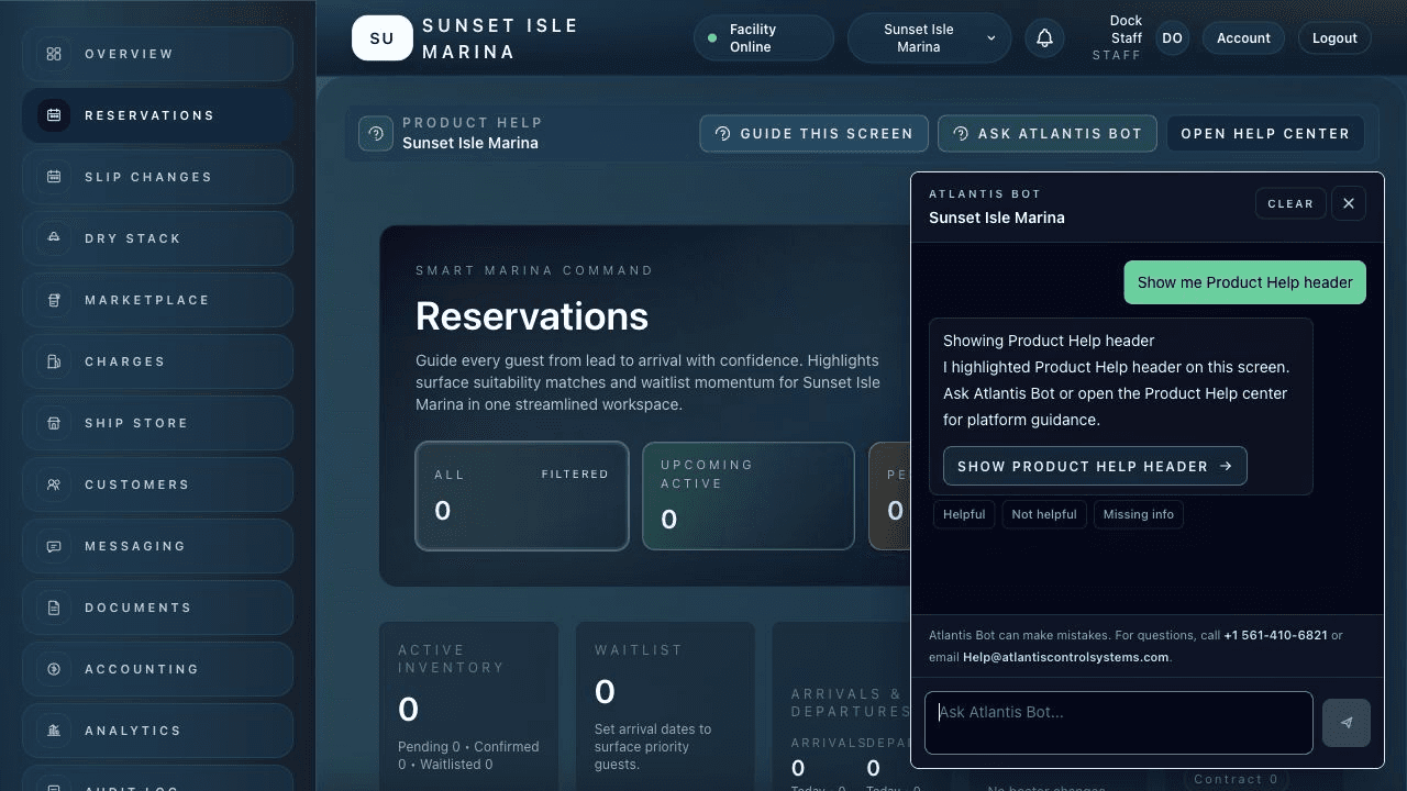 Atlantis Marina reservations workspace with the Atlantis Bot assistant open