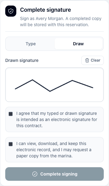 Atlantis E-Sign mobile drawn signature panel with consent checkboxes.