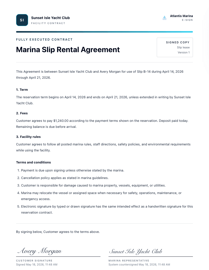 Completed Atlantis E-Sign marina slip agreement with customer and marina signatures.