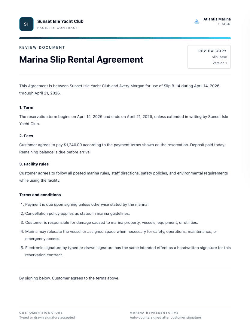 Atlantis E-Sign contract review screen showing marina terms and conditions before signature.