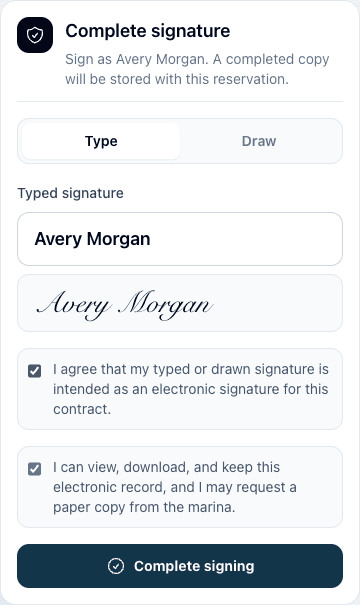 Atlantis E-Sign mobile typed signature panel with electronic record consent checked.