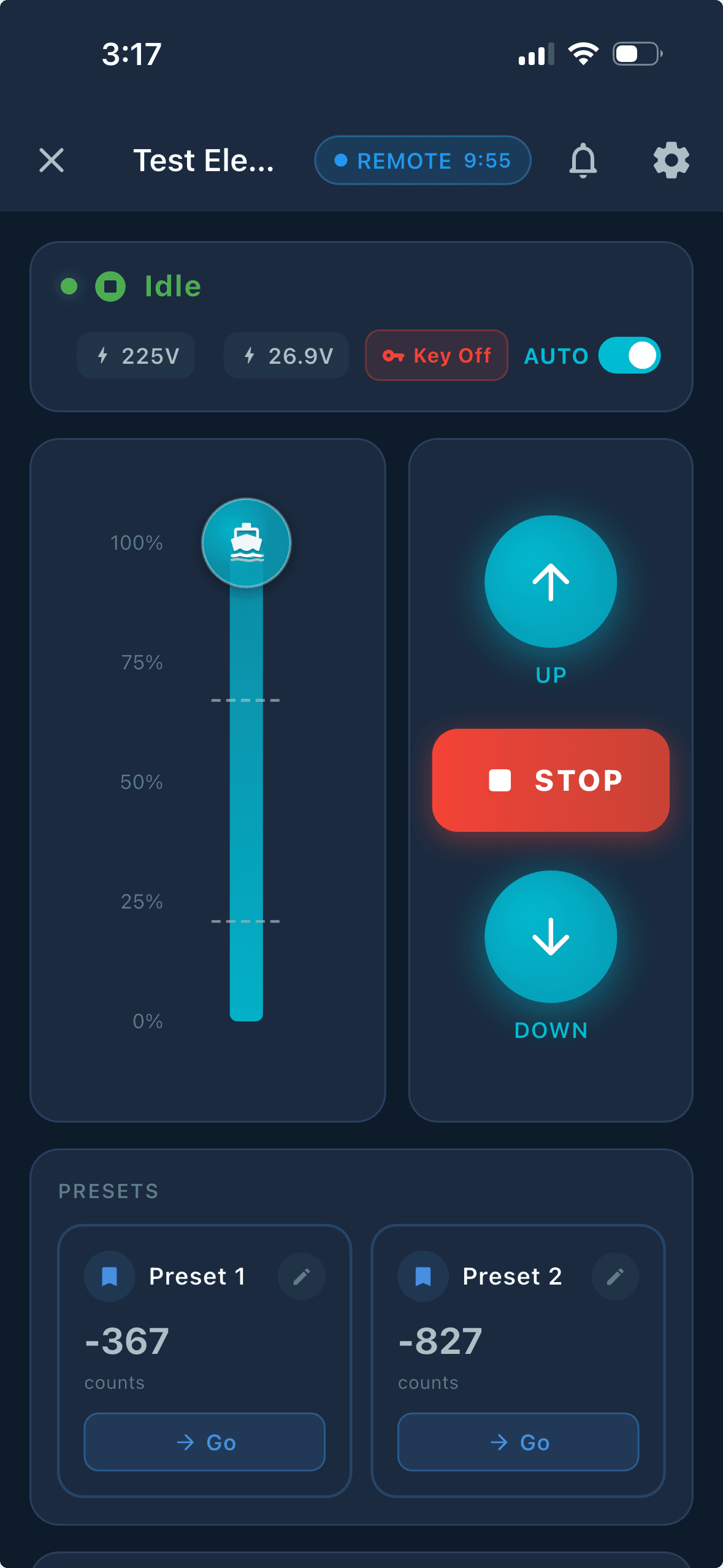 Atlantis Boater App smart lift screen showing live lift controls