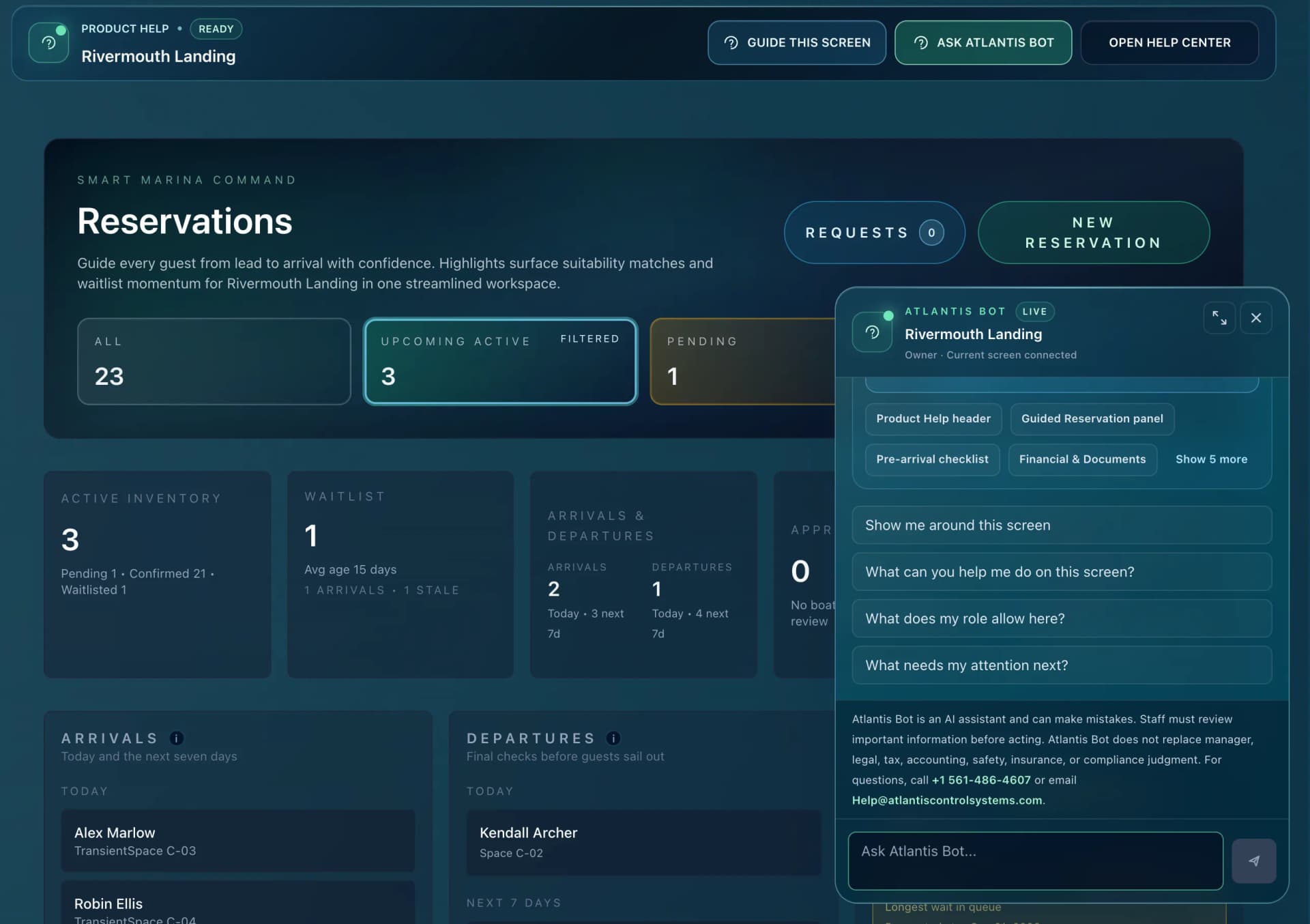 The Atlantis Bot assistant open beside the reservations workspace in the marina dashboard