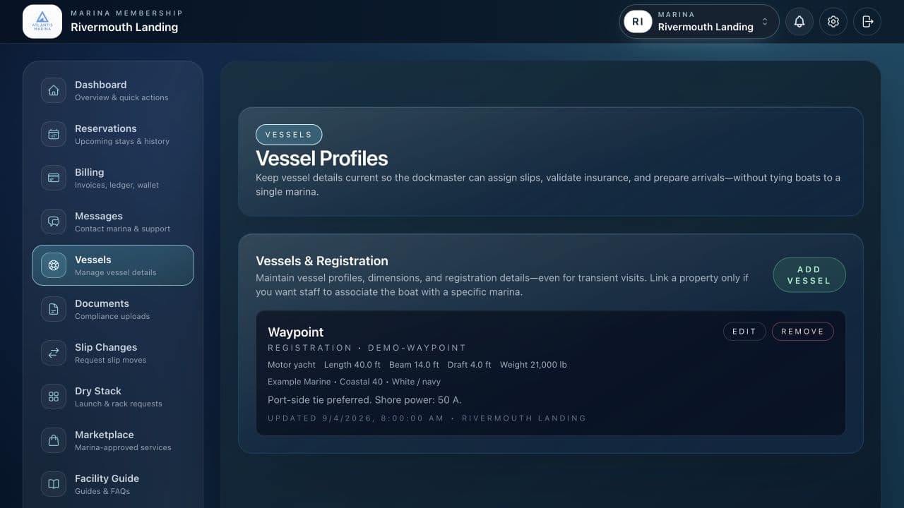Atlantis Marina boater vessel dashboard showing the boats connected to the account