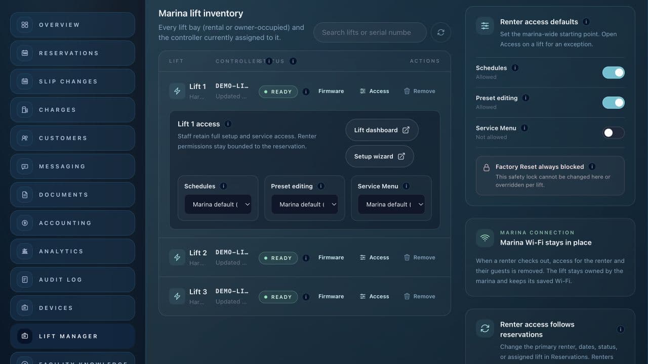 Atlantis Marina Lift Manager with per-lift renter permissions, marina-wide access defaults, setup shortcuts and connection settings