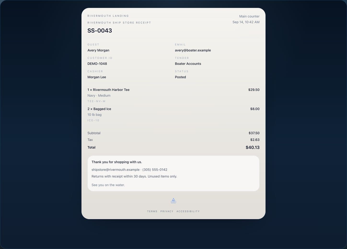Atlantis Ship Store receipt with customer details, an itemized purchase and a Posted status for boater-account tender
