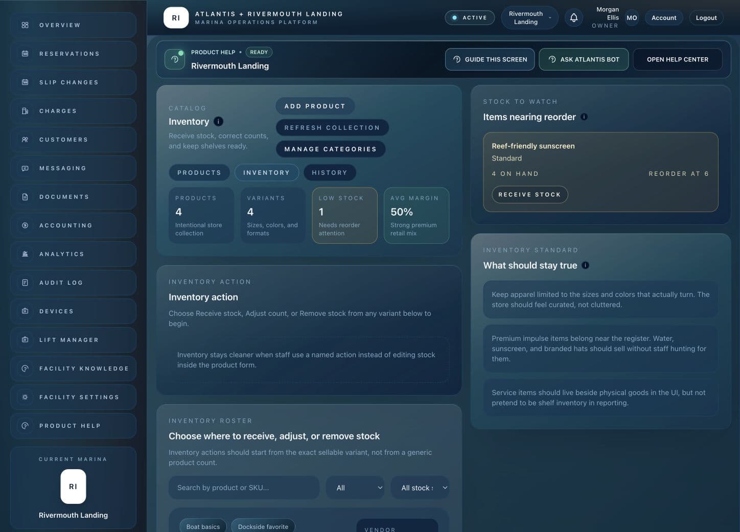 Atlantis Ship Store inventory workspace showing stock totals, reorder alerts and inventory controls