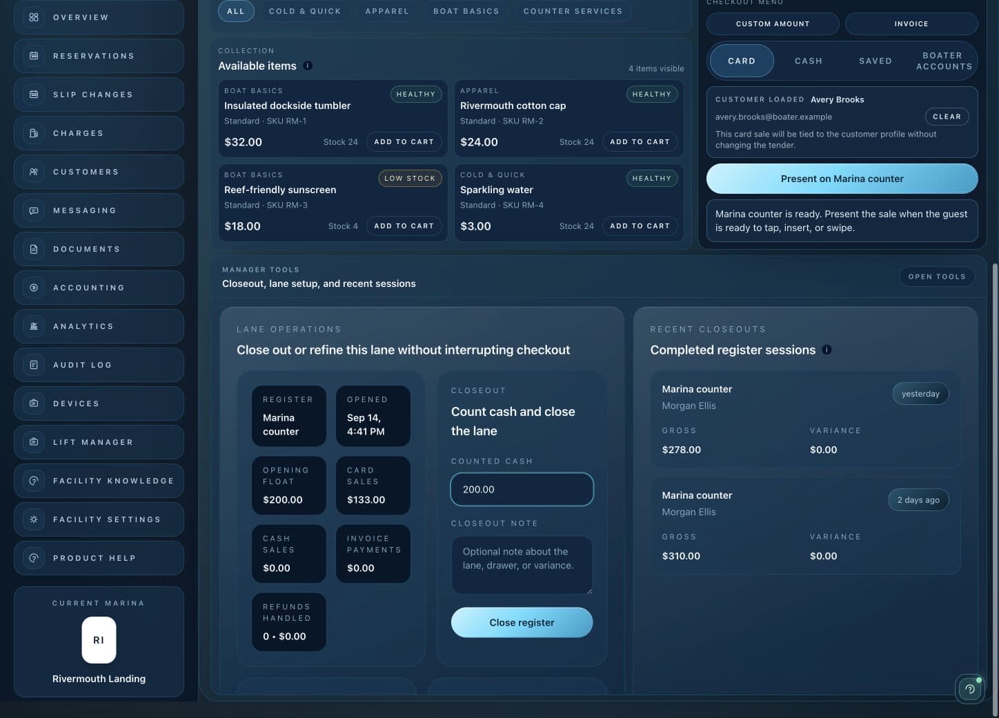 Atlantis Ship Store register closeout showing the opening float, cash-count controls and completed sessions