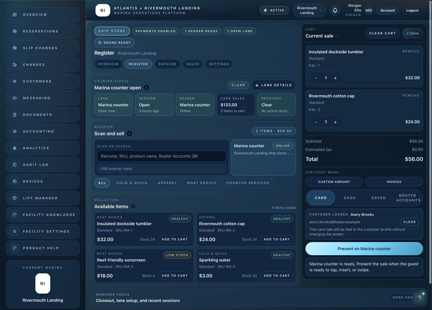 Atlantis Ship Store register with a populated cart, product search, reader status and payment options